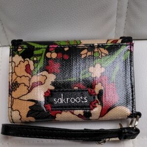 Sakroots Black Floral Print Wristlet Wallet Travel Coated Canvas